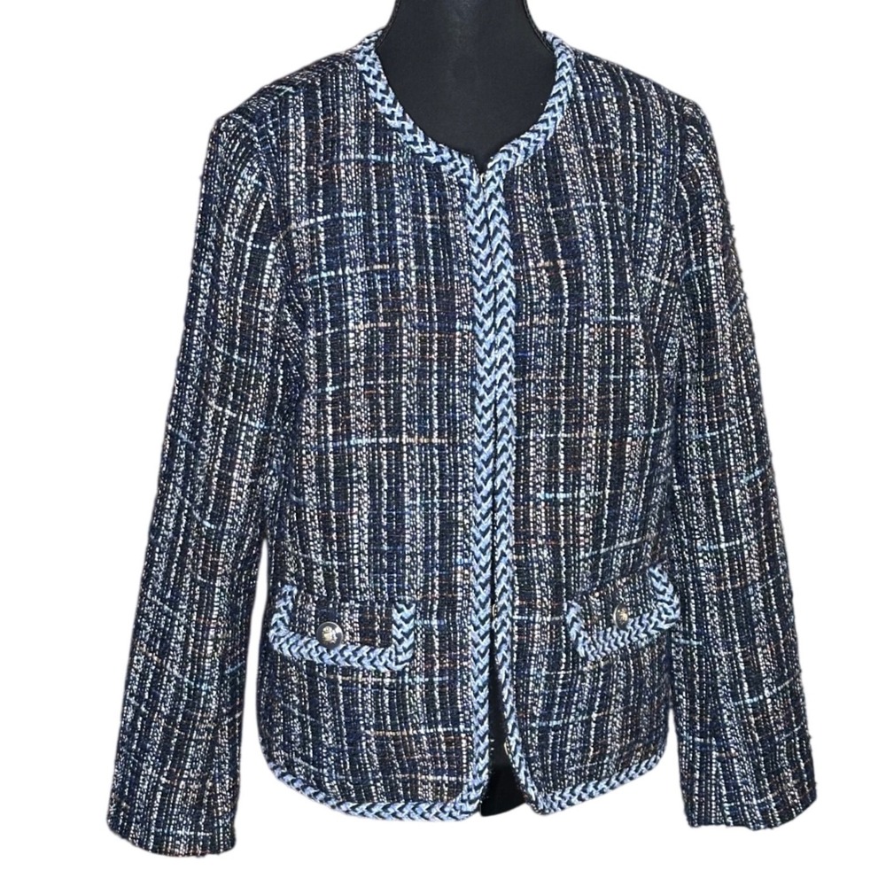 Talbots Womens Navy Blue Plaid Tweed Braided Trim Open Front Jacket Size 12